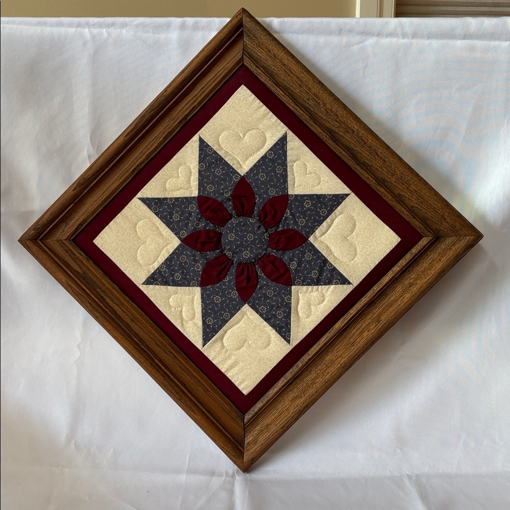 Framed Handmade Amish Dahlia Quilt Square with Embossed Heart Pattern 18”x18”